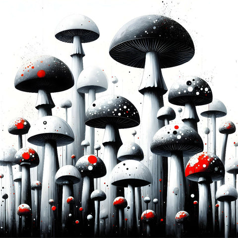 Enchanting Forest of Monochrome Mushrooms with a Splash of Scarlet