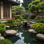 A tranquil garden with a koi pond, blooming flowers, and a stone lantern (1)