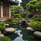 A tranquil garden with a koi pond, blooming flowers, and a stone lantern (1)