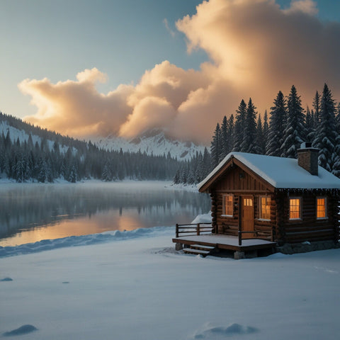 A snowy landscape with a frozen lake and a cozy cabin with smoke rising from the chimney (2)