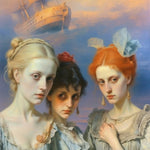 Painting of three eerie women and ghostly ship