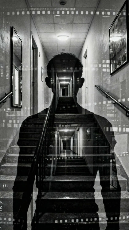 A cinematic visual interpretation of the journalist’s theory: overlapping images of hallways, staircases, mirrors, and places photographed thousands of times. In the center, a shadowy figure forms from layered memories rather than flesh. Its outline is bu