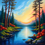 A serene mountain landscape featuring a vibrant sunset, towering pines, and a calm lake, perfect for home decor inspiration. Generative Al