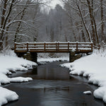 A wooden bridge covered in snow, spanning a frozen stream (2)