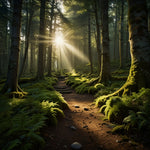 A tranquil forest path with sunlight streaming through the trees and a carpet of moss (1)