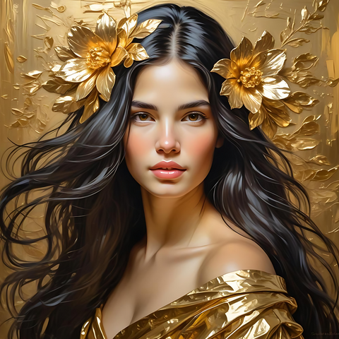 Stunning Oil Painting of a Beautiful Woman with Long Dark Hair