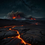 A dramatic volcanic landscape with flowing lava, steaming vents, and a dark, starry sky 1