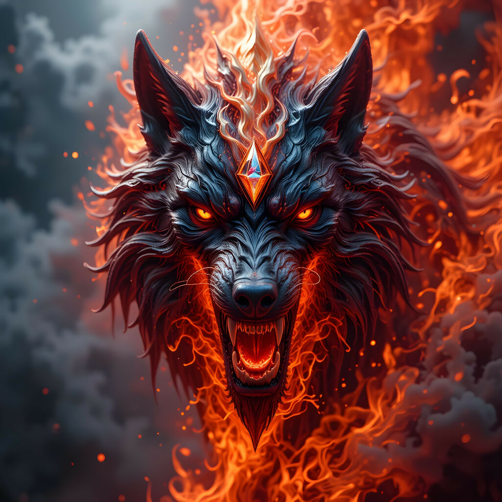 Generated ai art, fantasy art, mythical creature, giant fire dare wolf