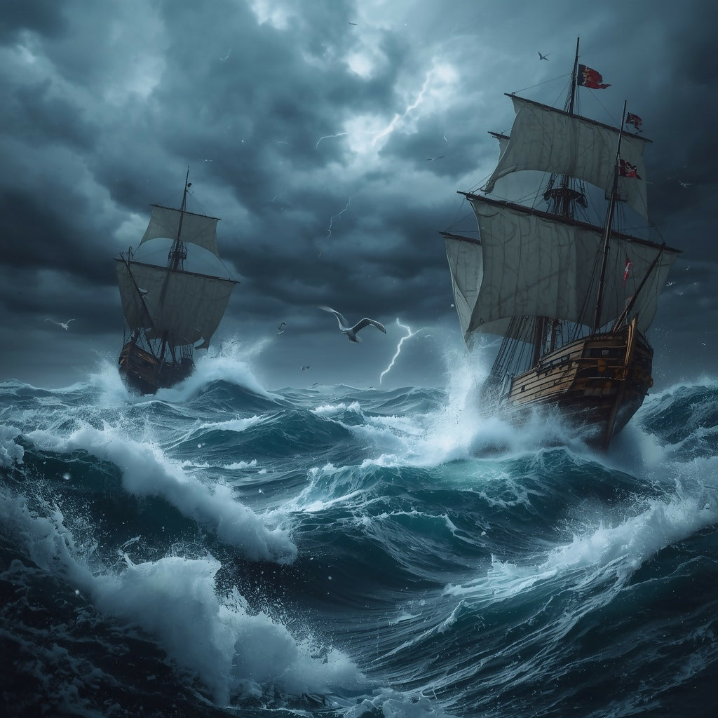 Lightning over wooden ships