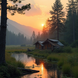 HiDream.org_serene-sunrise-landscape-with-wooden-huts-by-lake-in-a-mountain-forest (1)