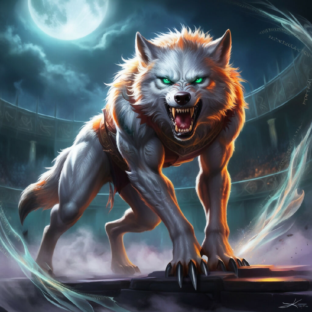 Werewolf Fighter, Vibrant Digital Art, Mythic Atmosphere, Moonlit S...