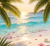 tropical paradise photography backdrop with oversized palm leaves and floating flower petals