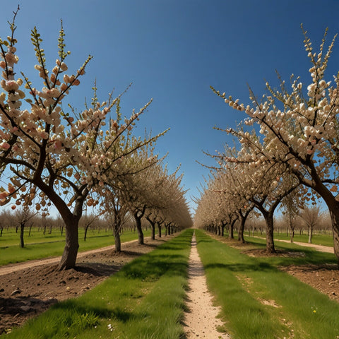 A peaceful orchard with fruit trees in full bloom and a clear blue sky (1)