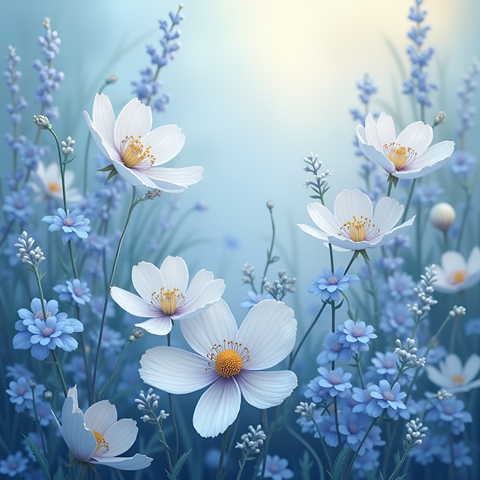 A stunning display of delicate blue and white wildflowers swaying gently in a sunlit field. Generative Al