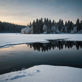 A serene lake frozen over with a layer of ice, surrounded by snow-covered trees2