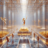 DALL·E 2024-12-04 18.42.25 - A square, ultra-high-definition, photorealistic surrealism-style image_ An endless labyrinth made of transparent glass walls, behind which streams of 