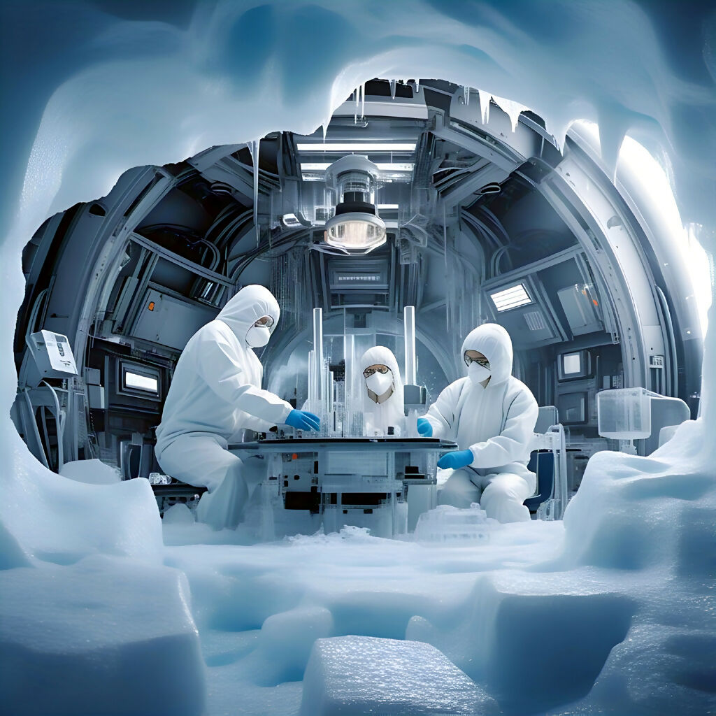 Frozen Frontier: Ice Lab Scientific Scene – Surreal AI Artwork