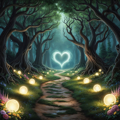 A magical forest path illuminated by glowing orbs, leading to a heart-shaped portal.