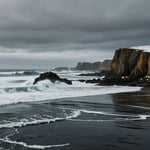 A rugged coastline with snow-covered cliffs and icy waves crashing against the shore (1)