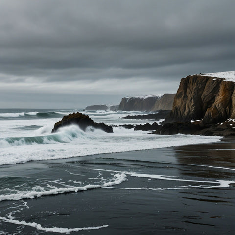 A rugged coastline with snow-covered cliffs and icy waves crashing against the shore (1)