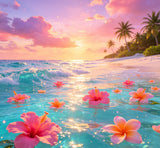 fantasy tropical beach photography backdrop with glowing turquoise water and floating tropical flowers