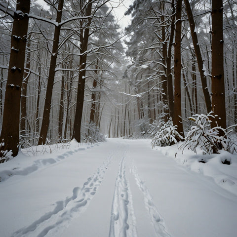 A winding path through a snowy forest with footprints leading the way (1)