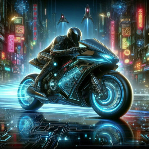 Cyberpunk Motorcyclist in a Neon Metropolis / AI Generated Digital Art / High Resolution Print