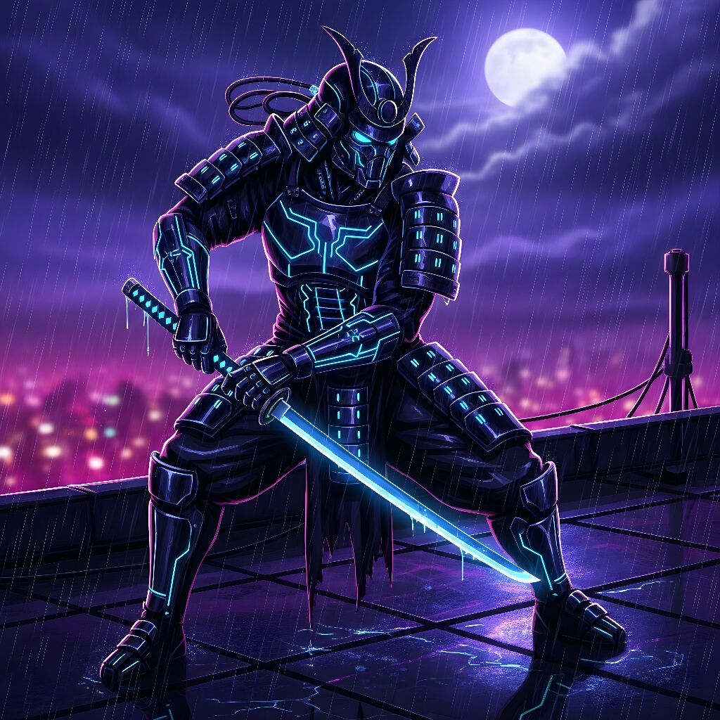 cyber samurai, futuristic warrior, neon city, glowing katana, rooft...