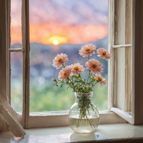 Window Bloom Glow – Peaceful Floral Art with Sunset View