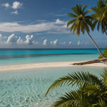 A tropical island with white sandy beaches, turquoise waters, and lush vegetation (1)