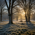 A landscape with frost-covered trees and grass glistening in the morning sun (2)