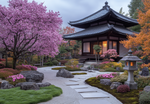 Serene Japanese Garden Cherry Blossoms and Temple Harmony