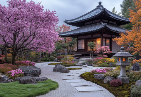 Serene Japanese Garden Cherry Blossoms and Temple Harmony