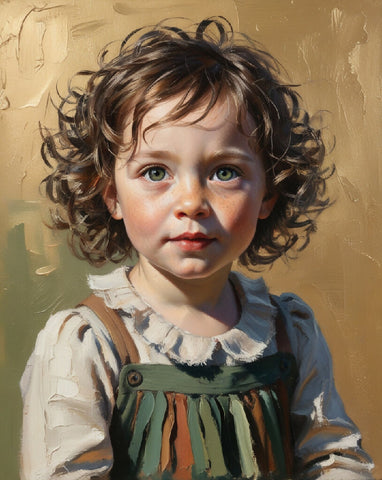Oil Portrait, Curly Brown Hair, Bright Green Eyes, Nostalgic Golden...