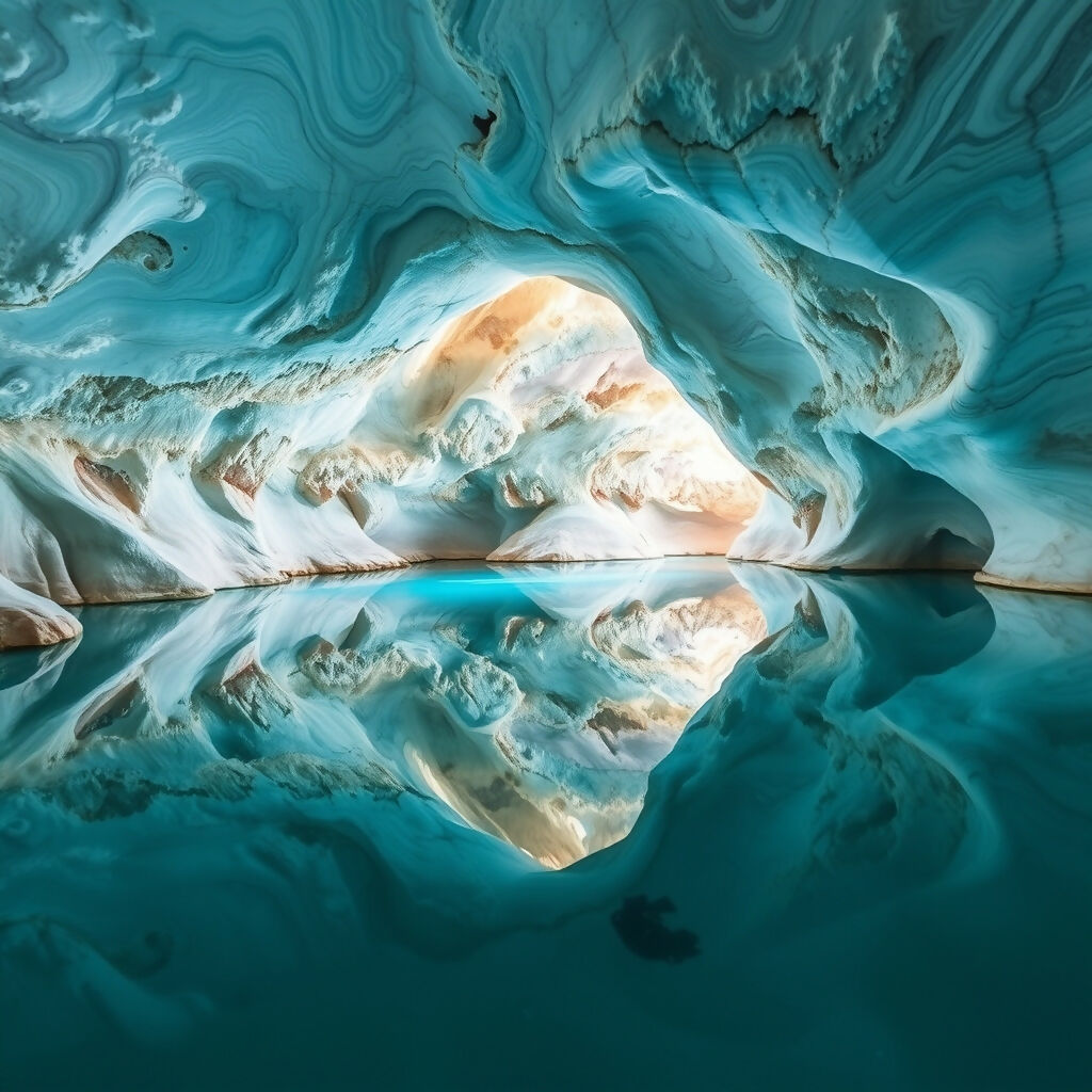 Turquoise Ice Cave with Perfect Reflection in Glacial Waters