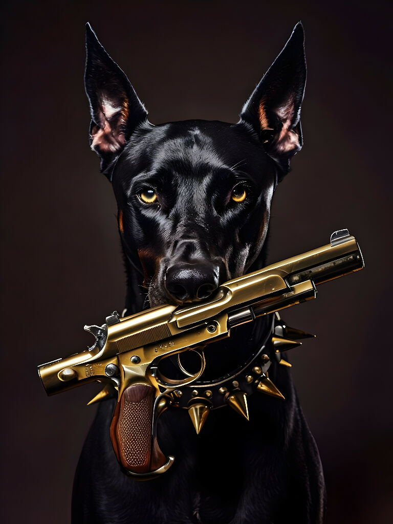 Edgy Gangster Dog with Golden Pistol Bold Surreal Wall Art Printable f