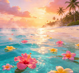 fantasy tropical beach photography backdrop with glowing turquoise water and floating tropical flowers