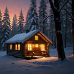 A cozy cabin in the woods with a snow-covered roof and a warm glow from the windows (2)