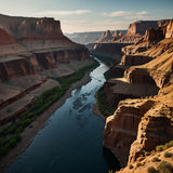 A dramatic canyon with towering rock formations and a winding river below (1)