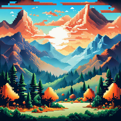 A pixelated landscape with mountains, trees, and a bright sky