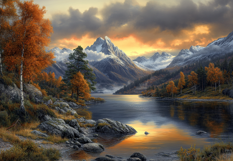 Majestic Mountain Sunset Autumn Serenity by the Alpine Lake