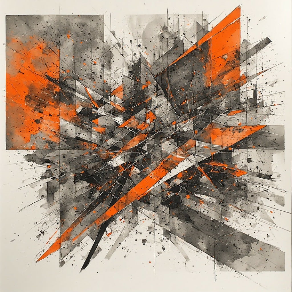 abstract, geometric, angular shapes, intersecting lines, orange acc...