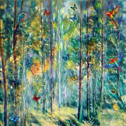 Title:Impressionist Enchanted Forest Painting: Birds and Butterflies in Sunlit Woods