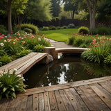 A peaceful garden with blooming flowers, a small pond, and a wooden bench (1)