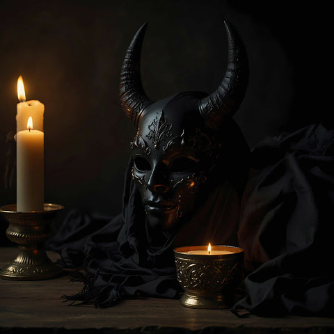 Magic composition with a black Demon mask