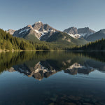 A serene mountain lake with reflections of the surrounding peaks and a clear blue sky (1)