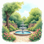 Serene Garden with Gently Flowing Fountain