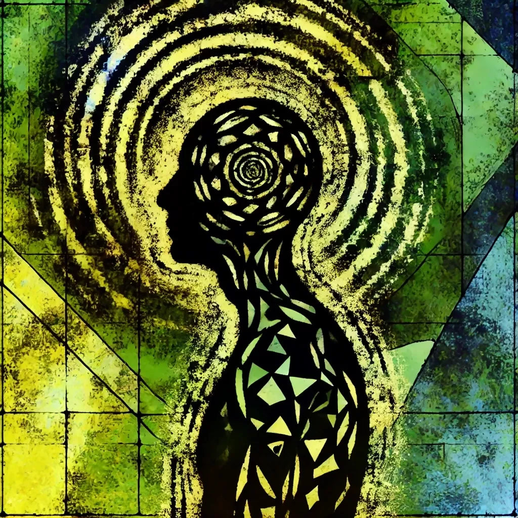 Broken Human Silhouette in a Vortex of Pain and Internal Struggle