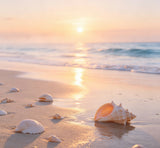 serene beach sunrise photography backdrop with morning mist and seashells on the sand