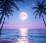 magical beach night photography backdrop with glowing moonlight and palm silhouettes